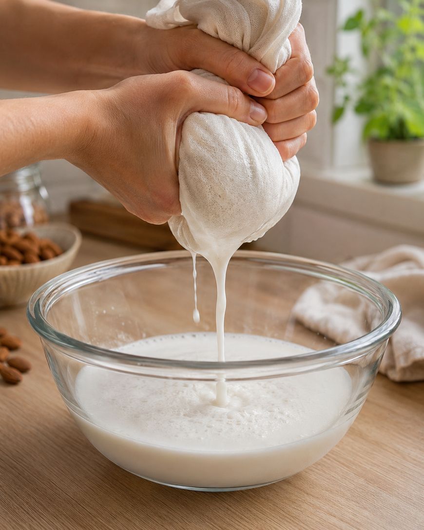 Hands squeeze a nut milk bag over a glass bowl, straining homemade almond milk in a bright kitchen. A bowl of almonds and a plant are visible in the background.