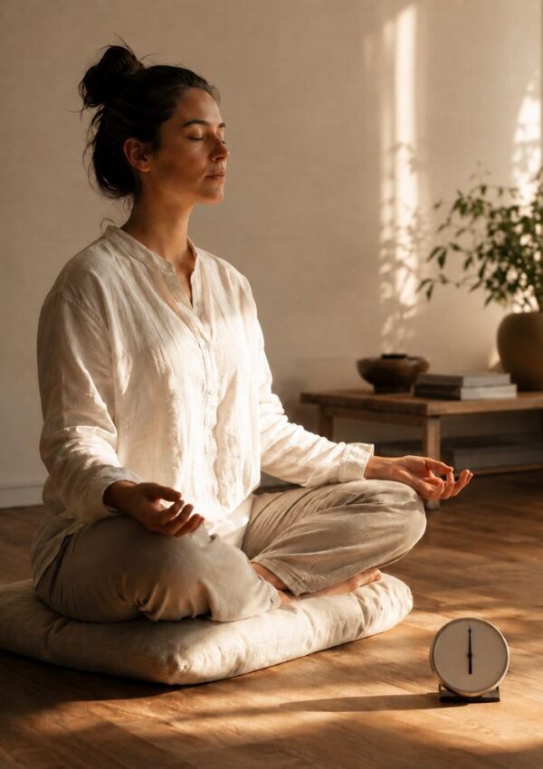 Woman in light clothing sits cross-legged on a pillow, meditating with eyes closed. A small clock is nearby. Soft sunlight fills the calm, minimalist room with a potted plant in the background.