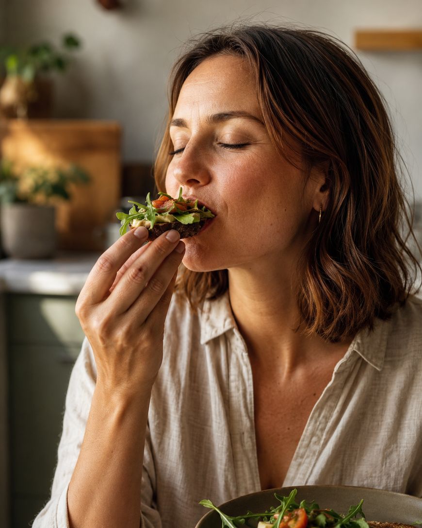 A woman with shoulder-length brown hair closes her eyes and enjoys the taste of a slice of bread topped with greens and tomatoes. She is wearing a beige shirt and sitting in a warmly lit kitchen.