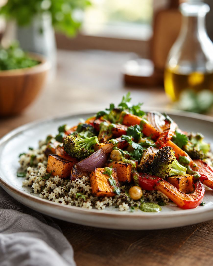 A plate of couscous topped with roasted vegetables—sweet potatoes, broccoli, red peppers, red onions, and chickpeas—garnished with fresh herbs and drizzled with green sauce. A bottle of oil and a bowl are in the background.