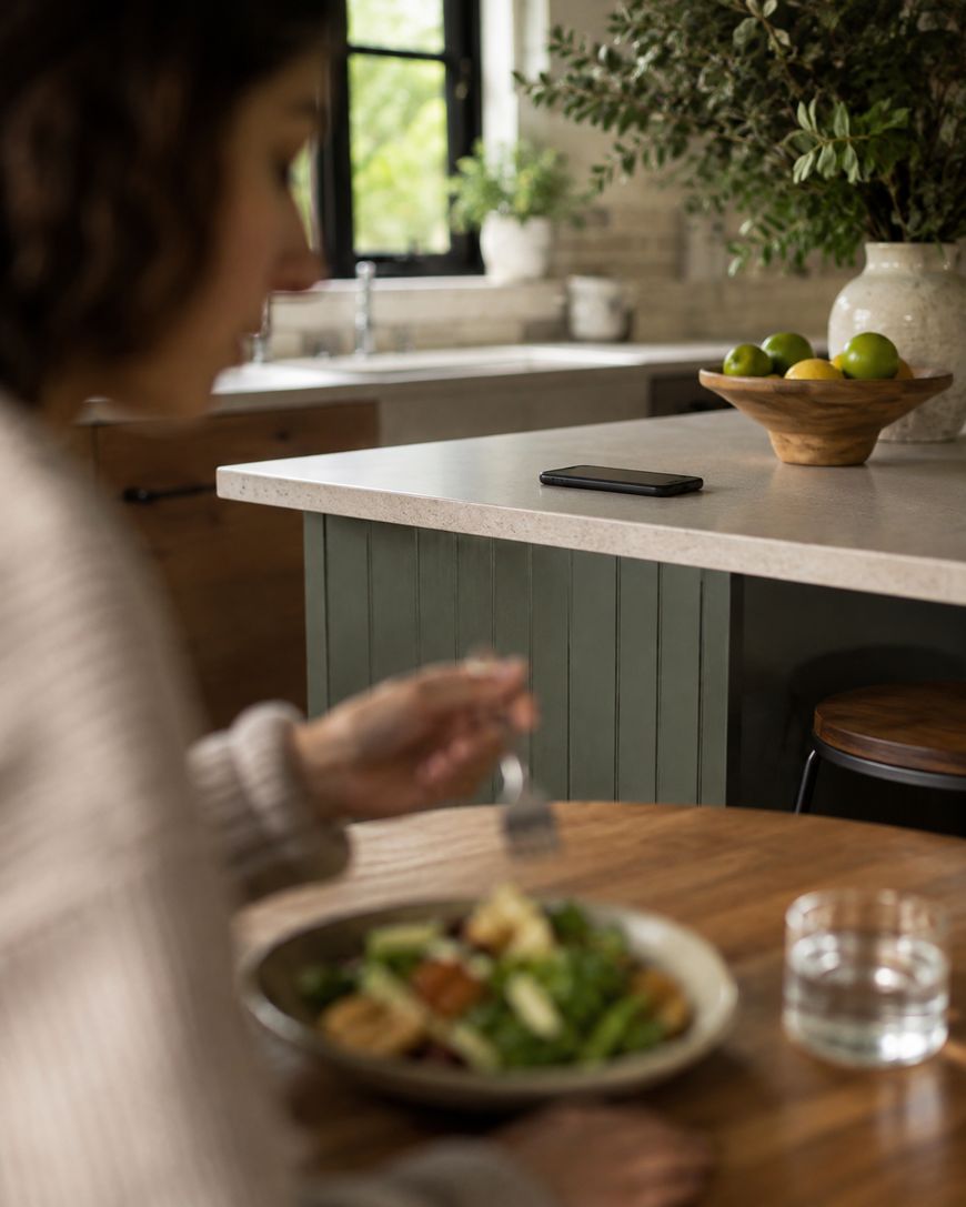 A person eating salad at a wooden table, with a glass of water. In the background, a kitchen counter holds a phone and a wooden bowl of green apples. The focus is on the kitchen counter, not the person.