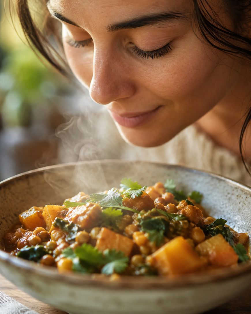 A woman smiling as she leans over and inhales the steam from a bowl of colorful vegetable stew garnished with fresh cilantro.