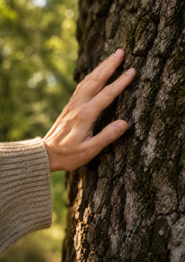 A hand in a beige sweater touches the rough bark of a tree, with sunlight filtering through green foliage in the background.