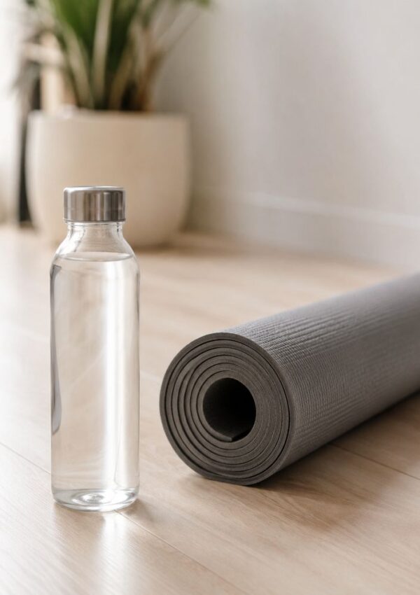 A clear water bottle and a rolled-up gray yoga mat sit on a light wooden floor, with a potted plant blurred in the background.