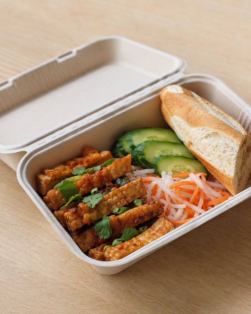 A takeout box with sliced tofu, fresh cilantro, cucumber, pickled carrots and daikon, and half a baguette.