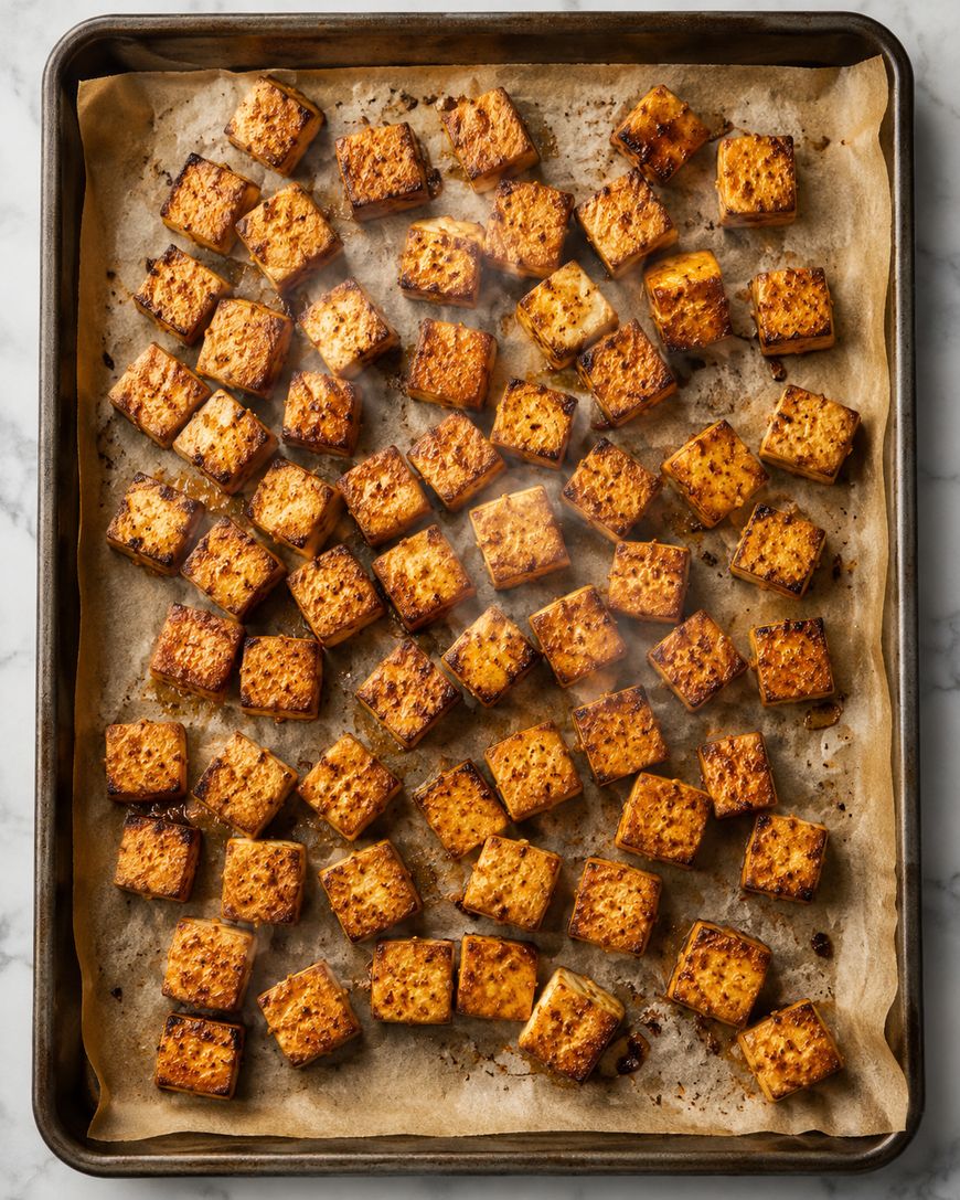 A baking tray lined with parchment paper holds evenly spaced, golden-brown cubes of roasted tofu.