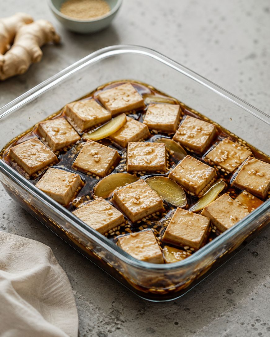 Glass dish with tofu cubes marinating in a dark soy-based sauce, garnished with sesame seeds and ginger slices.
