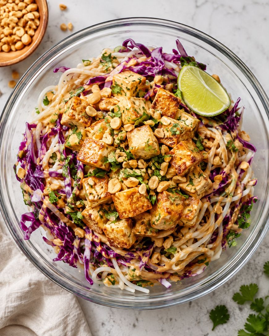 Glass bowl filled with tofu cubes, shredded purple cabbage, bean sprouts, chopped cilantro, crushed peanuts, and a lime wedge on top.