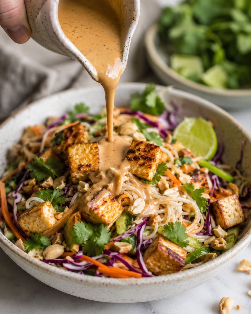 A hand pours creamy peanut sauce over a bowl of noodle salad topped with grilled tofu, cilantro, peanuts, red cabbage, and a lime wedge.