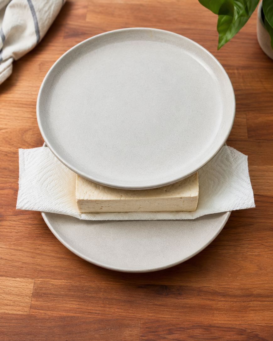 A block of tofu wrapped in paper towels is pressed between two plates on a wooden surface, with a plant and a striped cloth visible in the background.