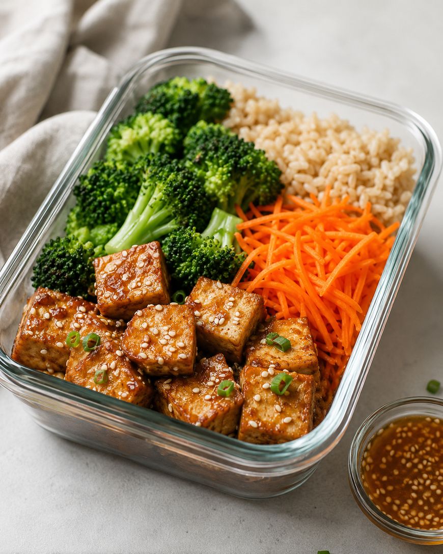 A glass container with brown rice, steamed broccoli, shredded carrots, and sesame tofu cubes garnished with green onions.