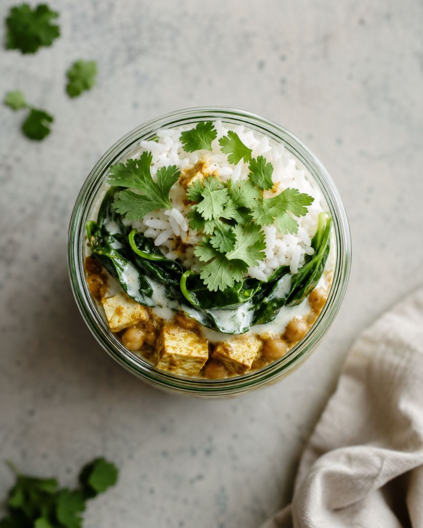 A glass bowl filled with rice, spinach, tofu, chickpeas, creamy sauce, and fresh cilantro on top.