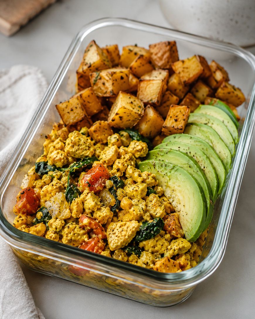A glass container with tofu scramble, roasted potato cubes, and sliced avocado arranged neatly.