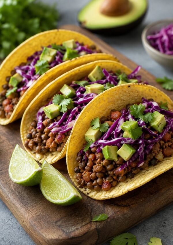 Three tacos filled with lentils, diced avocado, purple cabbage, and cilantro are arranged on a wooden board with lime wedges. An avocado and a bowl of shredded cabbage are in the background.