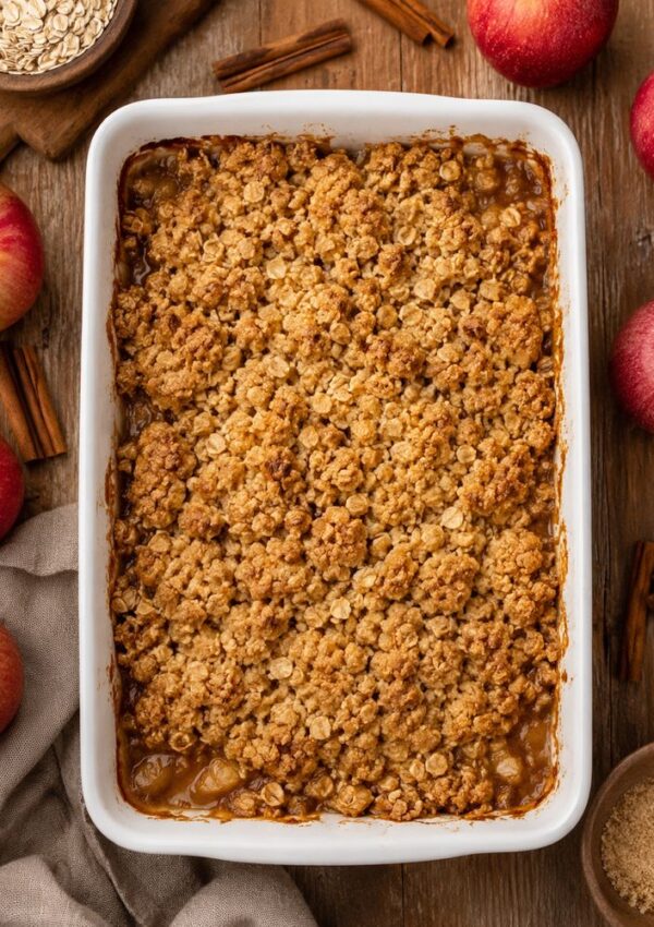 A baked apple crisp in a white dish, surrounded by fresh apples, cinnamon sticks, oats, and brown sugar on a wooden table.