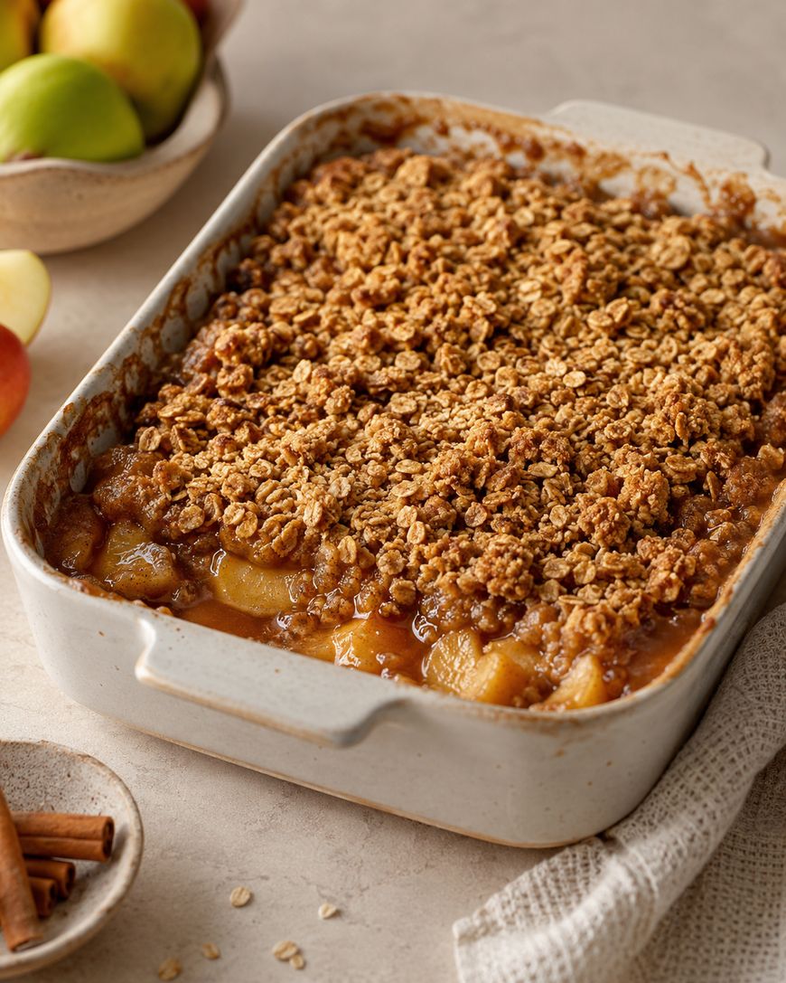 A baked apple crisp in a white rectangular dish, topped with golden oat crumble. Fresh apples and cinnamon sticks are nearby on the table.