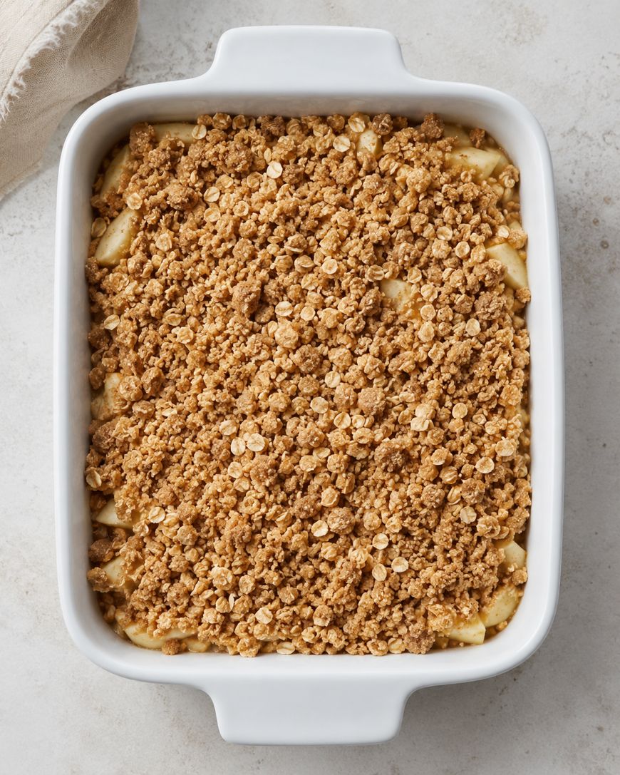 A white baking dish filled with unbaked apple crisp, topped with a layer of oat and brown sugar crumble, sits on a light countertop.