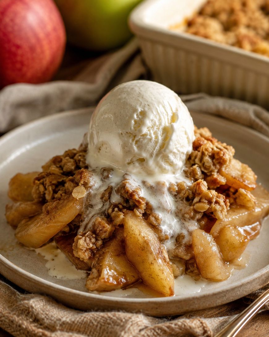 A plate of apple crisp topped with a scoop of vanilla ice cream, with apple slices and oat crumble visible. A baking dish and apples are in the background.