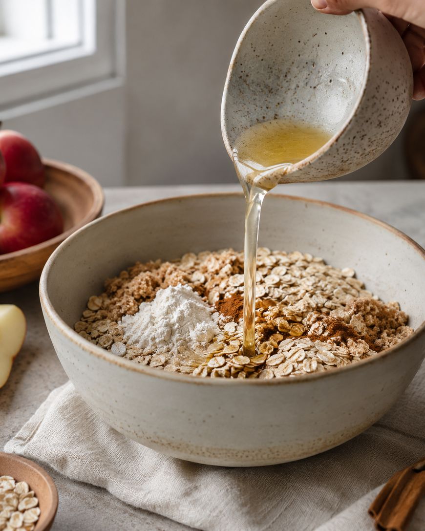 A hand pours liquid, possibly melted butter, into a bowl containing oats, brown sugar, flour, and cinnamon. Apples and a wooden bowl are visible in the background on a light-colored table.