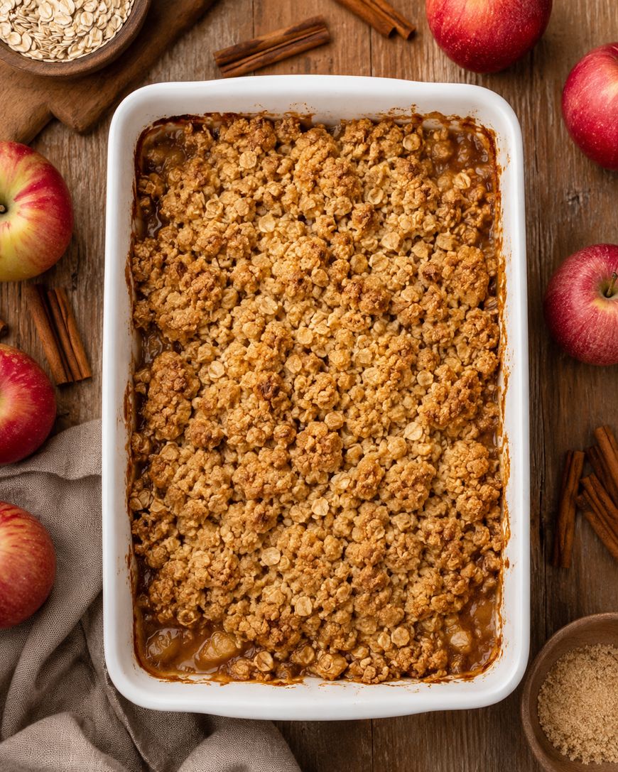 A baked apple crisp in a white dish, topped with a golden oat crumble, surrounded by fresh apples, cinnamon sticks, oats, and brown sugar on a wooden surface.