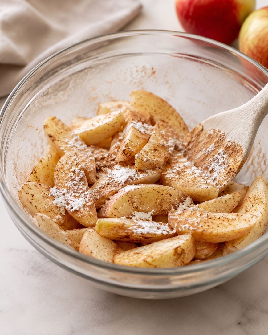 Apple slices coated with cinnamon and flour in a glass bowl, being mixed with a wooden spoon. Fresh apples and a beige cloth are visible in the background on a marble surface.