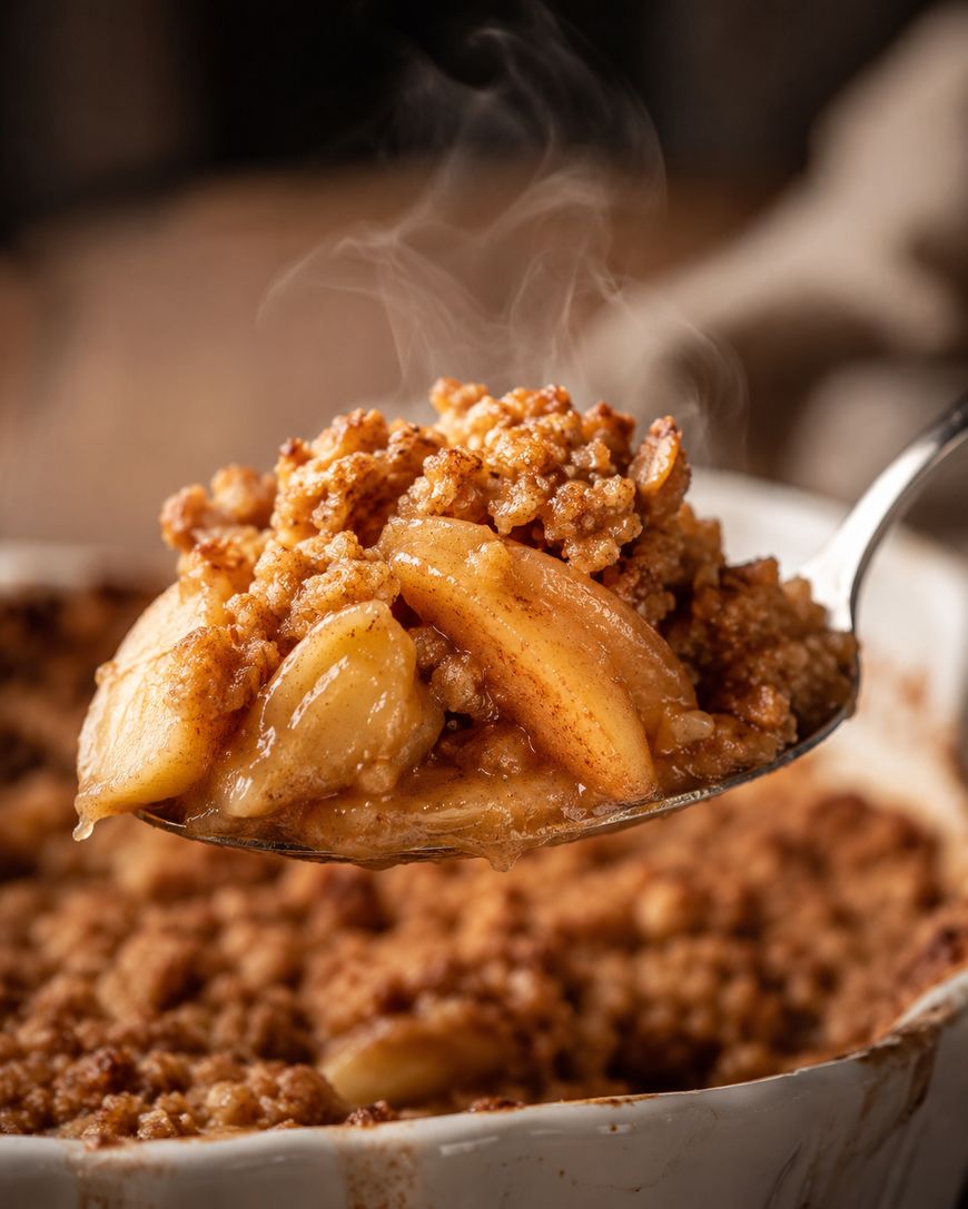 A close-up of a spoonful of warm apple crisp with cinnamon crumb topping, held above a baking dish. Steam is rising from the dessert, indicating it is freshly baked.