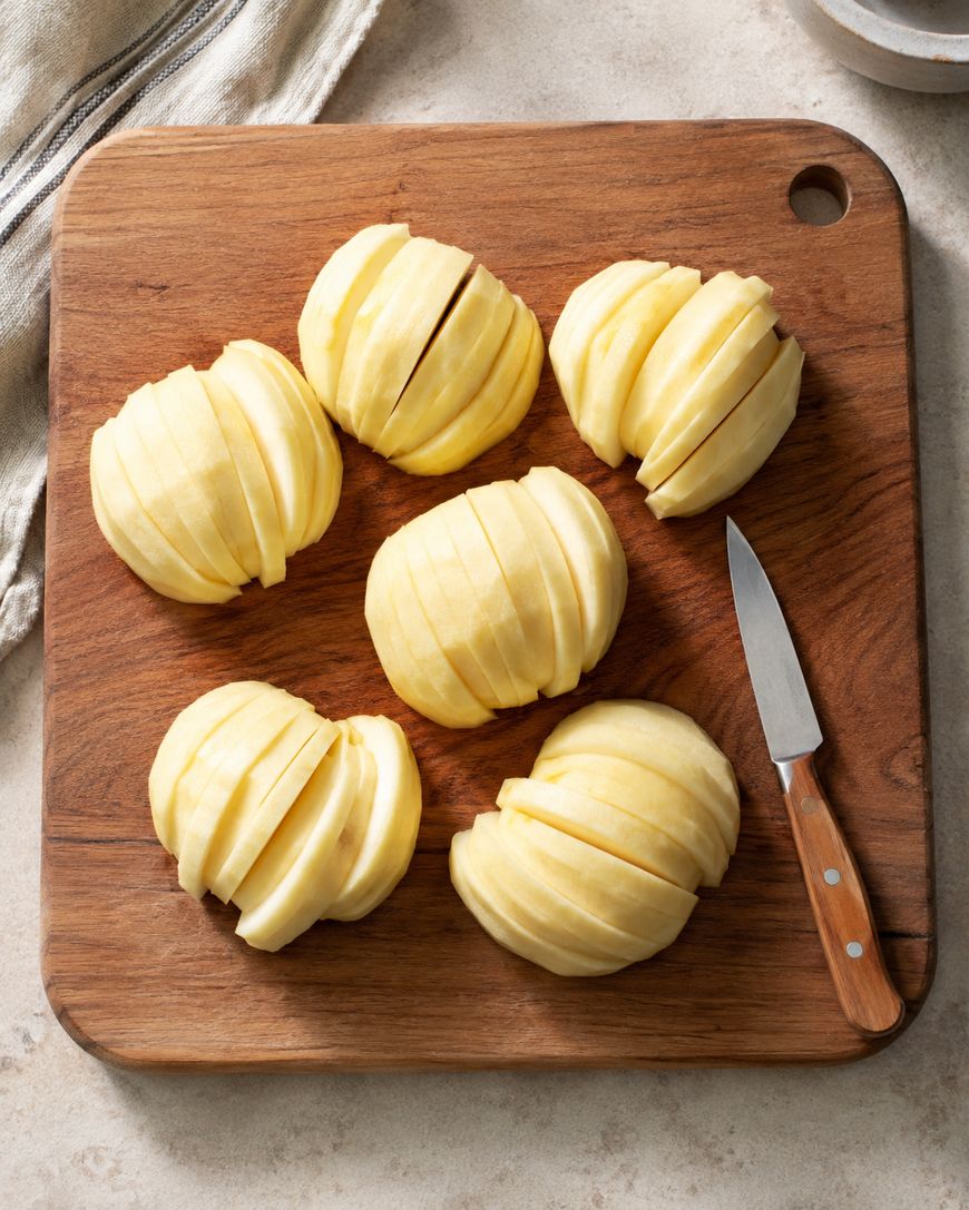 Six peeled, sliced apples arranged on a wooden cutting board, with a small paring knife beside them. A beige cloth napkin is partially visible in the top left corner.