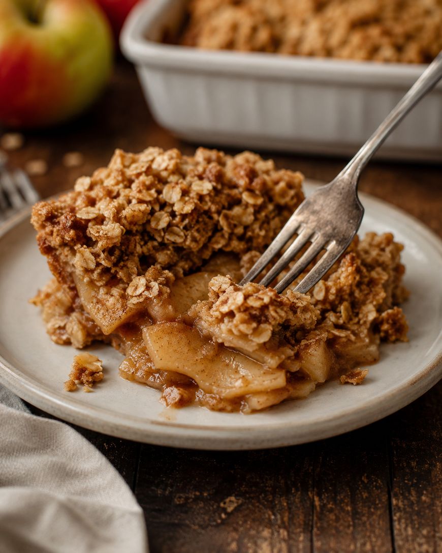 A fork cutting into a slice of apple crisp with oat topping on a white plate, showing spiced apple filling. An apple and baking dish are blurred in the background.