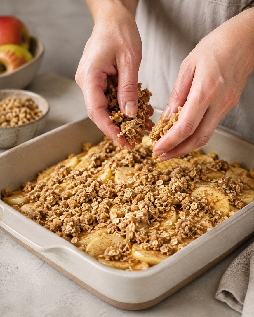 Hands sprinkle oat crumble topping over sliced apples in a square baking dish, preparing an apple crisp dessert. A bowl of apples and extra crumble are visible in the background on a light countertop.