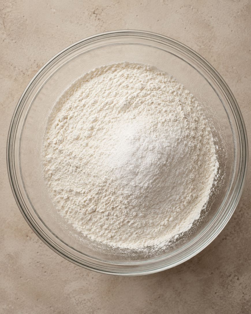 A glass bowl filled with a mound of white flour sits on a light beige countertop.