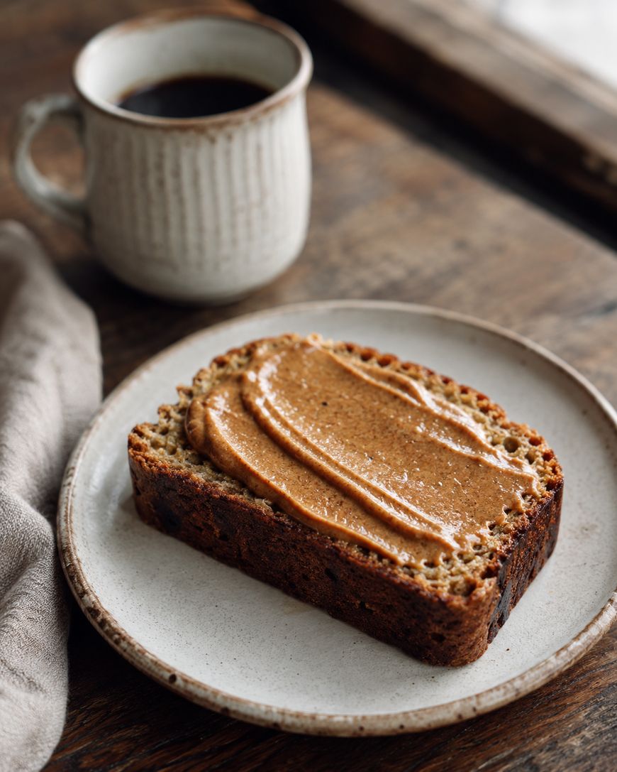A slice of bread with nut butter spread on top sits on a white plate next to a cup of black coffee on a rustic wooden table.