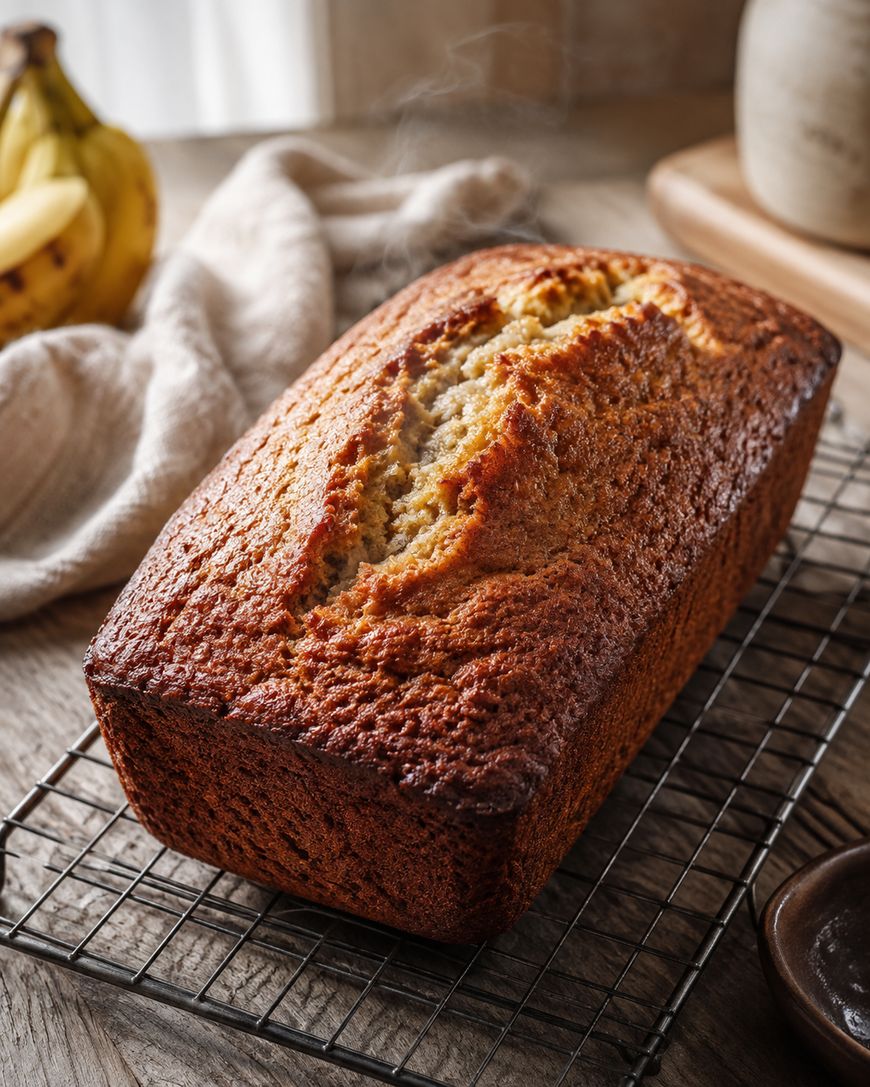A golden-brown loaf of banana bread cools on a wire rack, with bananas and a neutral cloth in the softly lit background.