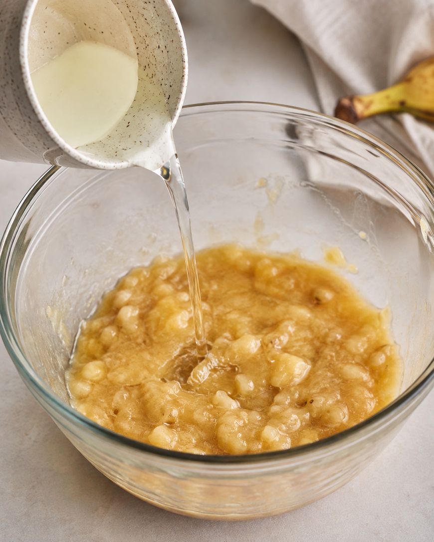 A white cup pours liquid into a glass bowl of mashed bananas. A banana and a beige napkin are in the background.