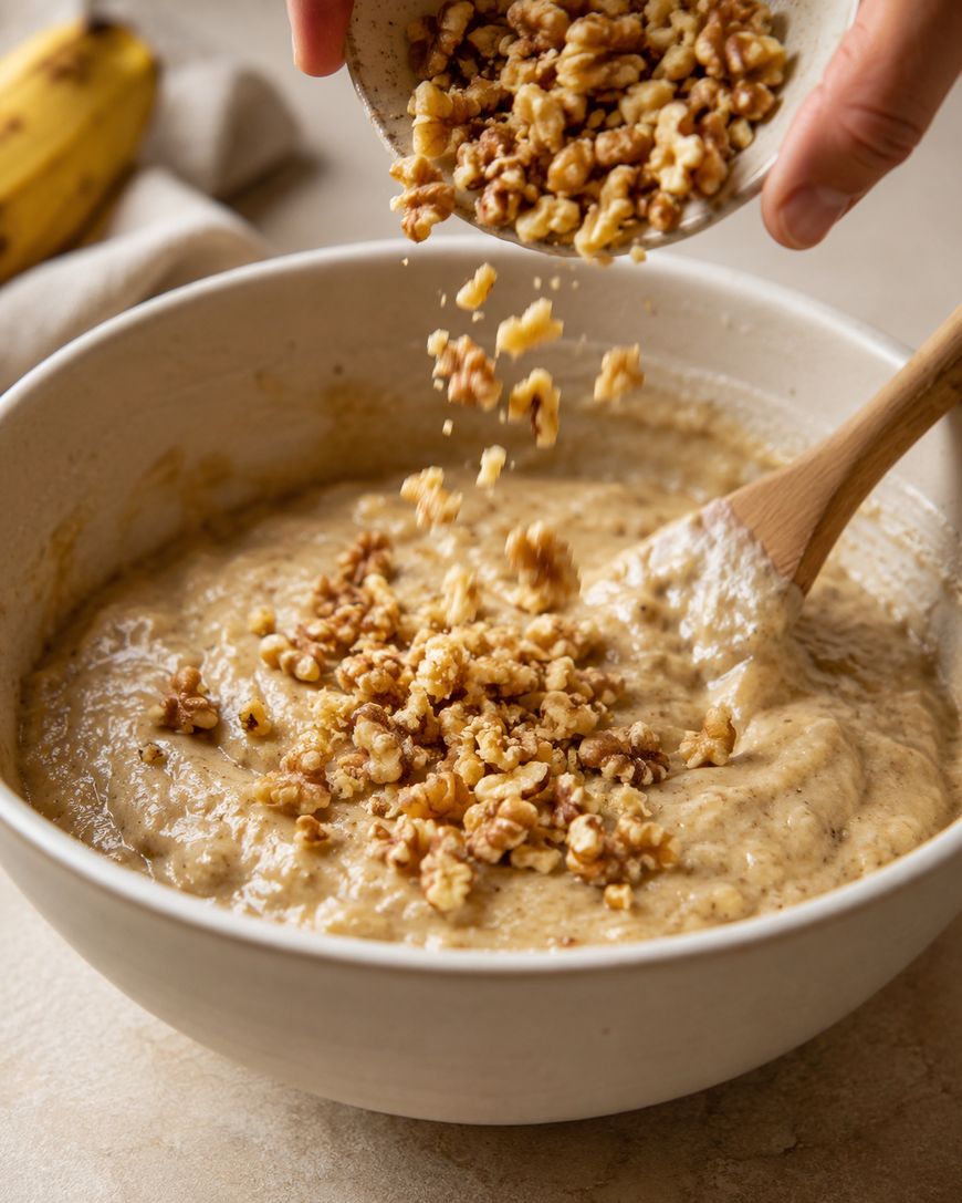 Chopped walnuts are being poured from a small bowl into banana bread batter in a large mixing bowl, with a wooden spoon resting inside.