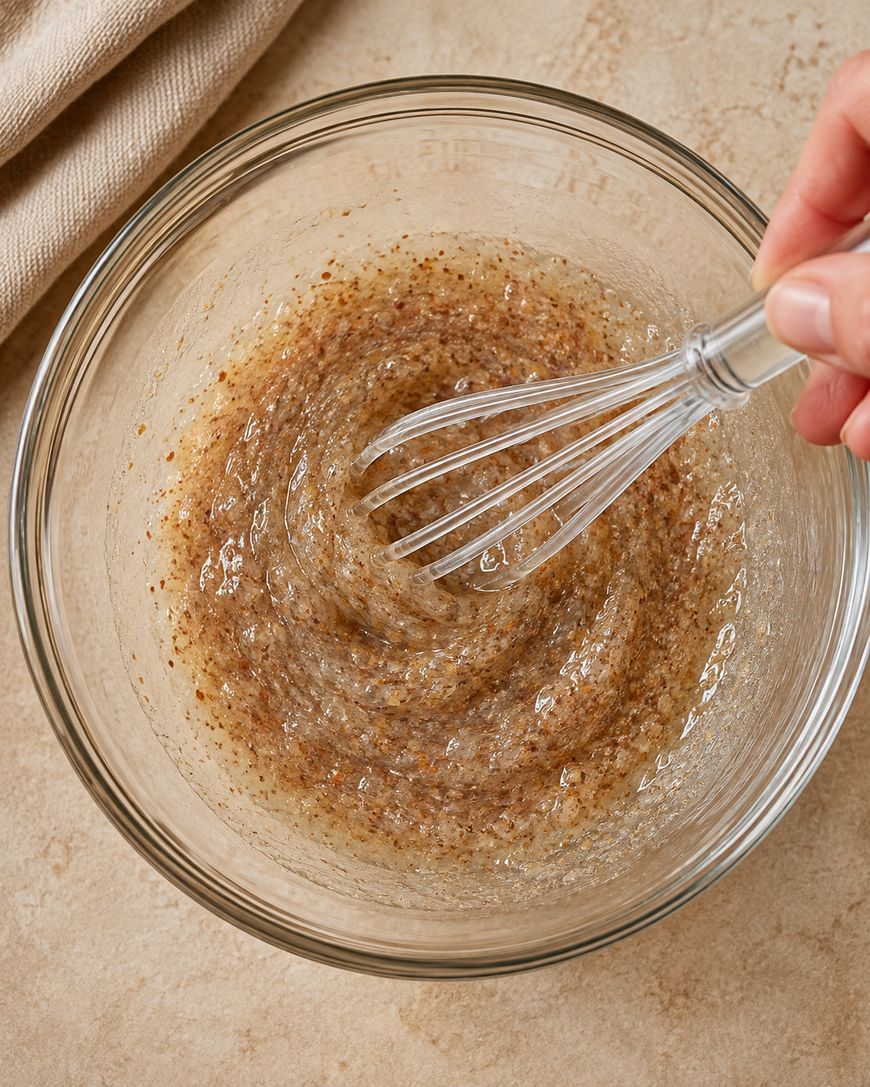 A hand whisks a mixture of ground flaxseed and water in a clear glass bowl on a beige surface.