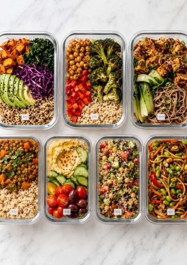 Seven clear containers filled with colorful, healthy meals including grains, vegetables, legumes, noodles, and toppings, neatly arranged on a white marble surface. Each container has a small date label on the front.