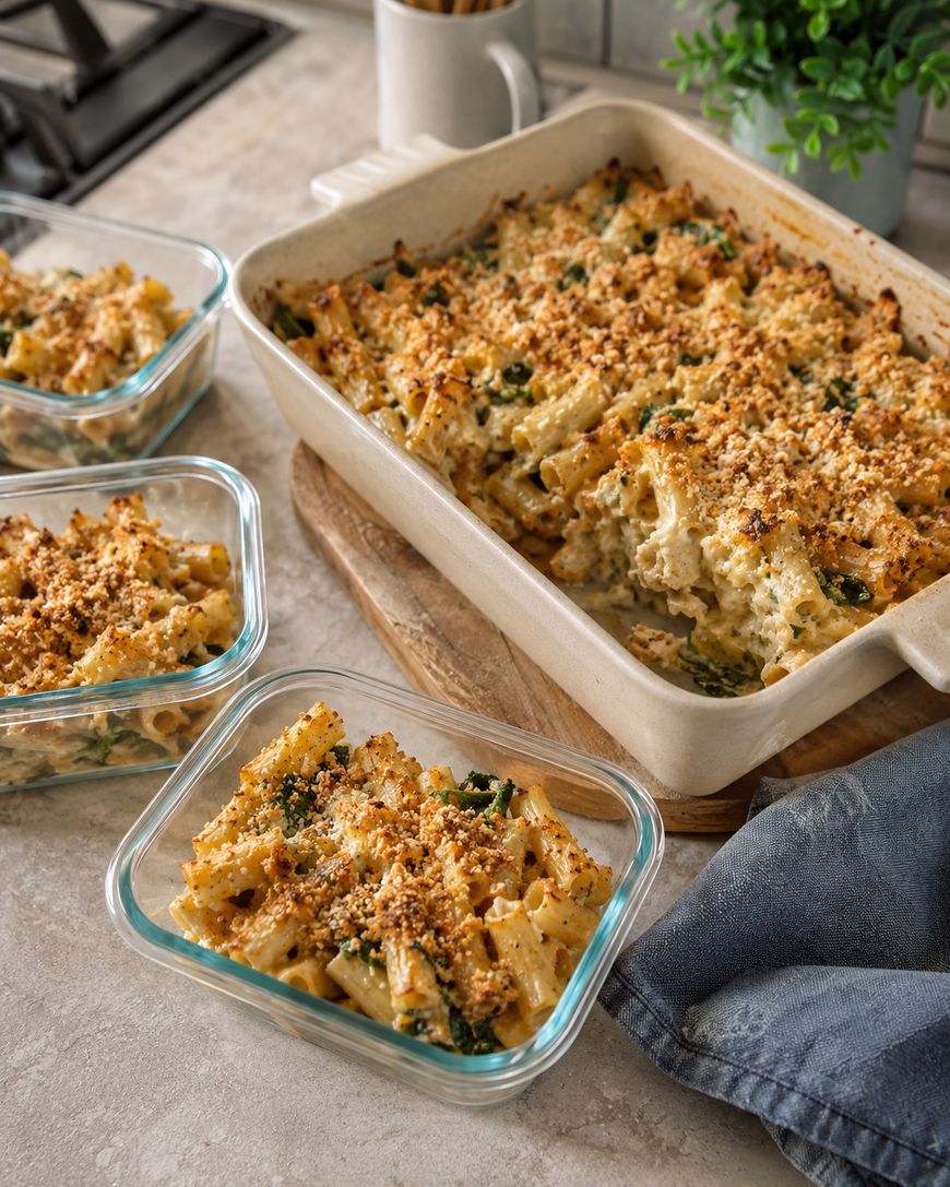 Baked pasta with a golden breadcrumb topping in a casserole dish, with three glass meal prep containers filled with portions of the pasta on a kitchen counter.