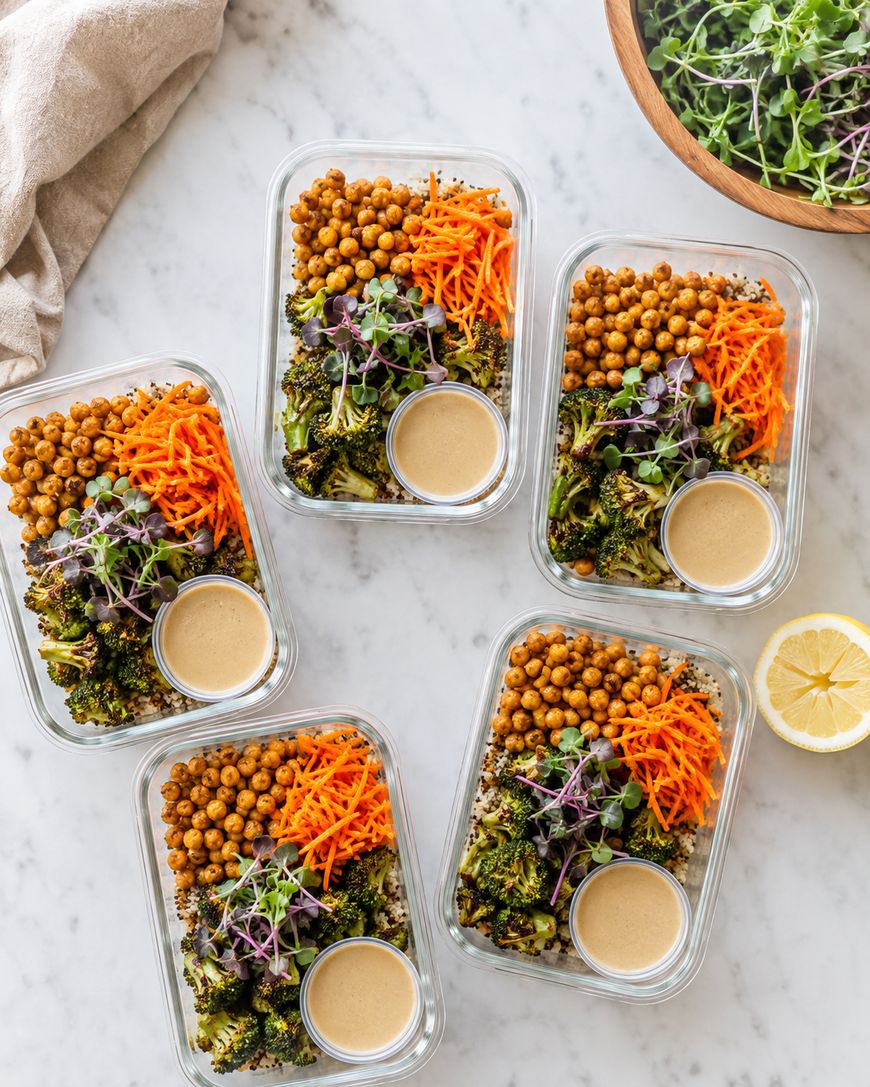 Four glass meal prep containers with roasted chickpeas, carrots, broccoli, microgreens, quinoa, and a small cup of dressing on a marble surface. A lemon half and a bowl of microgreens nearby.