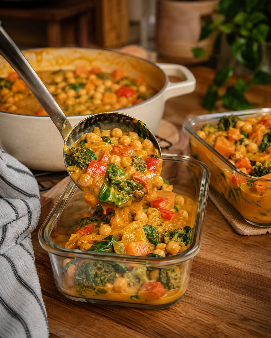 A ladle serves a colorful chickpea and vegetable curry into a glass container; a pot with more curry sits nearby on a wooden table.