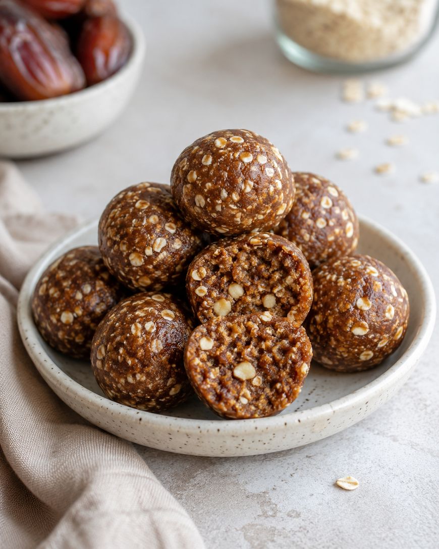 A plate of round energy bites made with oats and dates. Two bites are cut in half, showing a nutty, textured interior. Oats, dates, and a beige cloth are visible in the background.