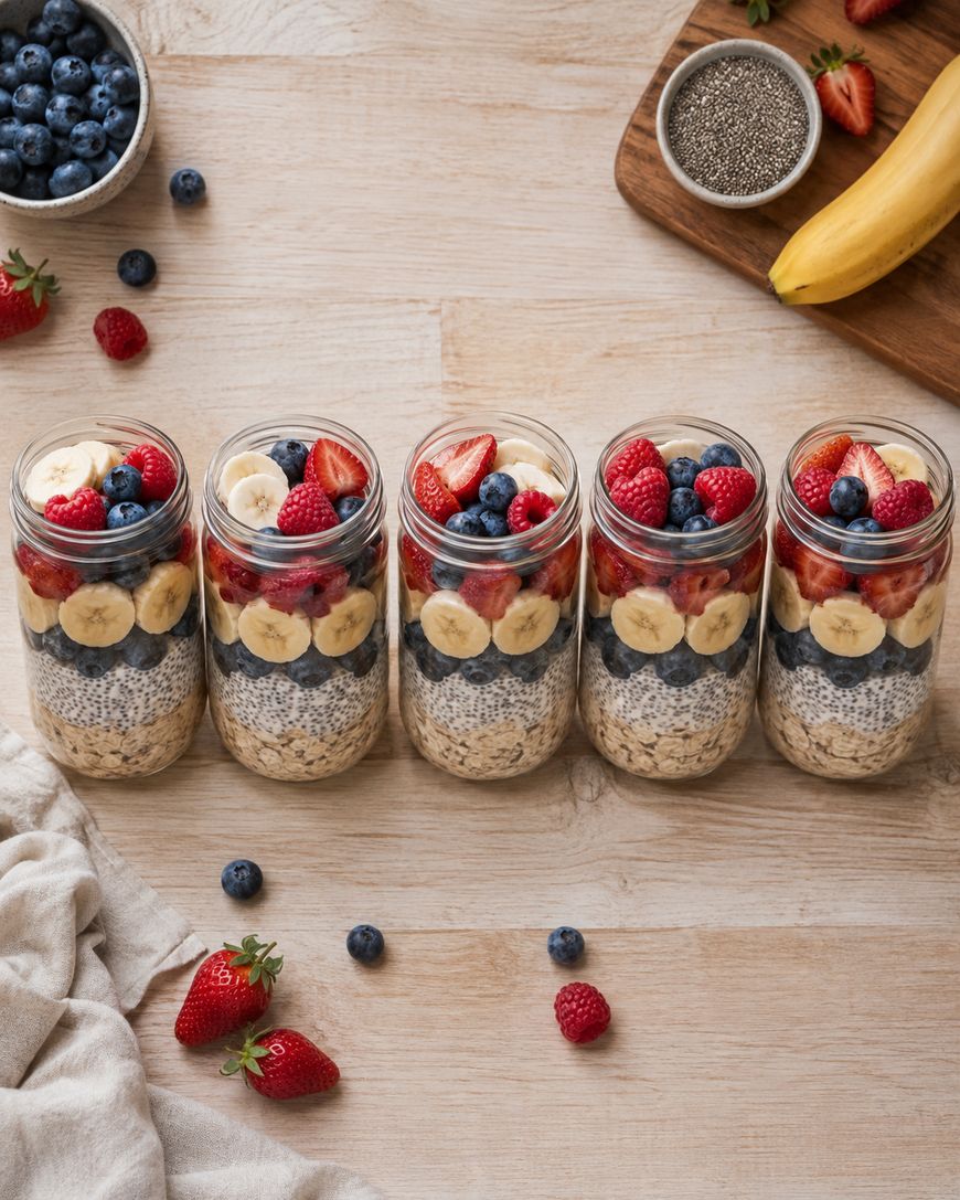 Five glass jars filled with oats, chia pudding, blueberries, banana slices, raspberries, and strawberries on a wooden table with fresh fruit and chia seeds beside them.