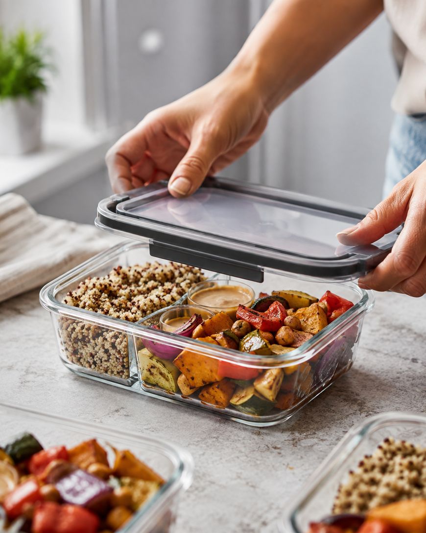 A person places a lid on a glass meal prep container filled with quinoa, roasted vegetables, and grilled chicken, with small sauce containers inside, on a kitchen counter.