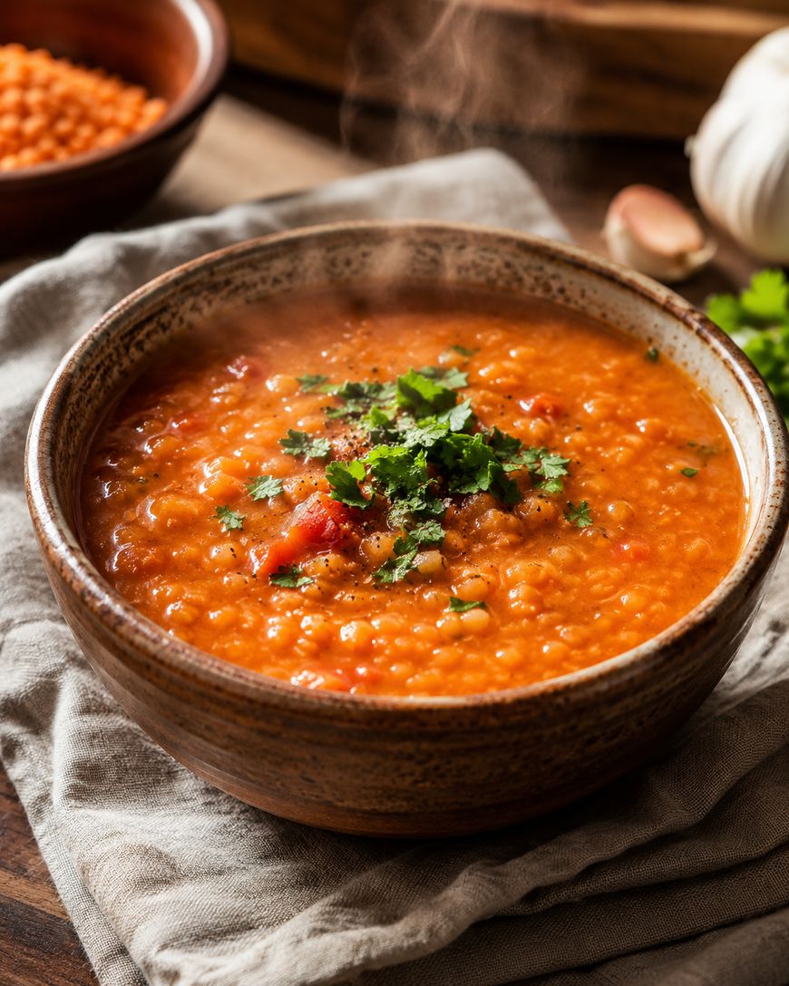 A steaming bowl of red lentil soup garnished with fresh chopped cilantro sits on a cloth napkin, with garlic and a bowl of dry lentils in the background.