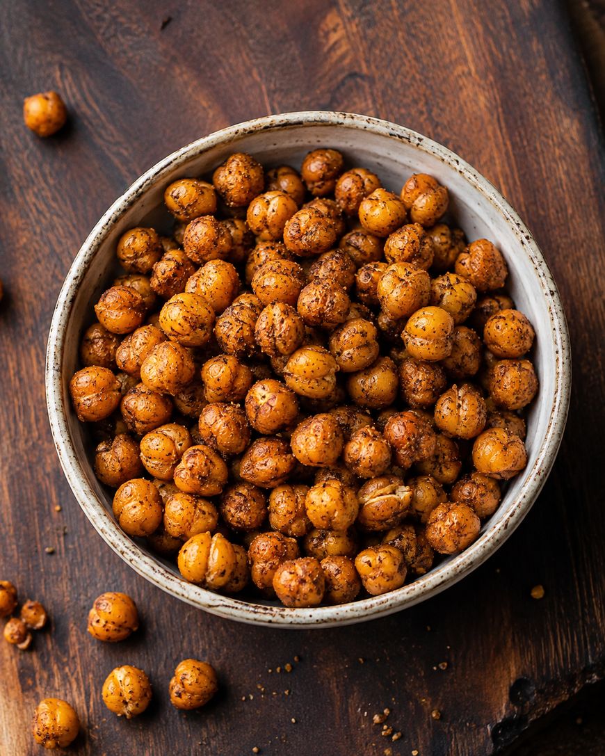 A bowl of roasted chickpeas coated with spices sits on a wooden surface, with a few chickpeas scattered around the bowl.