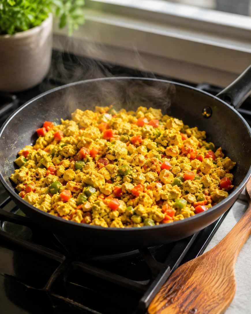 A steaming skillet of tofu scramble with diced red and green bell peppers sits on a stove, next to a wooden spatula. Sunlight shines through a nearby window, with a potted plant blurred in the background.