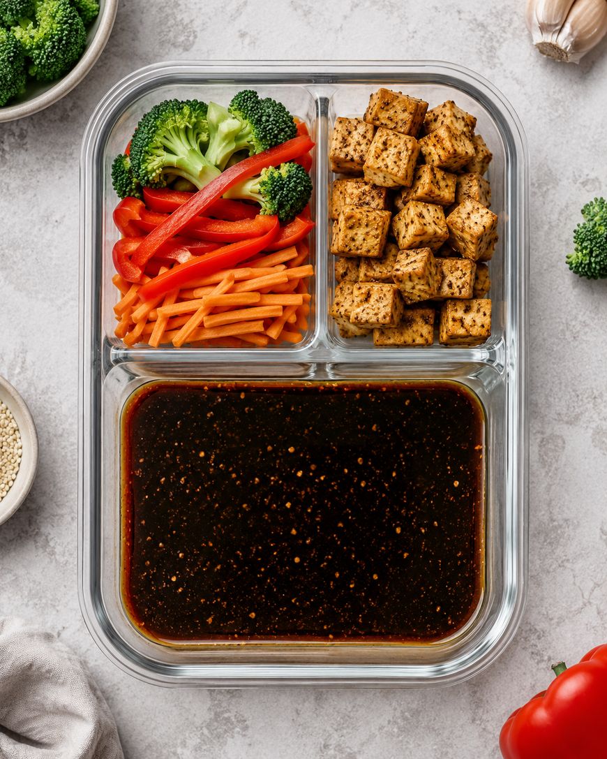 A glass container with sections holding broccoli, red bell pepper strips, carrot sticks, seasoned tofu cubes, and a dark sauce. Bowls of broccoli and sesame seeds are nearby on a light surface.