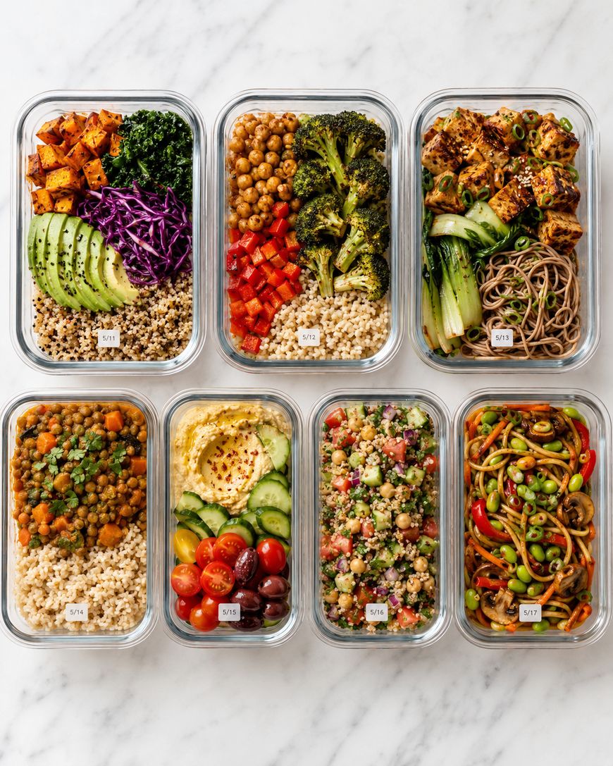 Seven glass meal prep containers filled with colorful, healthy dishes including grains, roasted vegetables, chickpeas, tofu, noodles, and fresh salads, neatly arranged on a white marble surface.