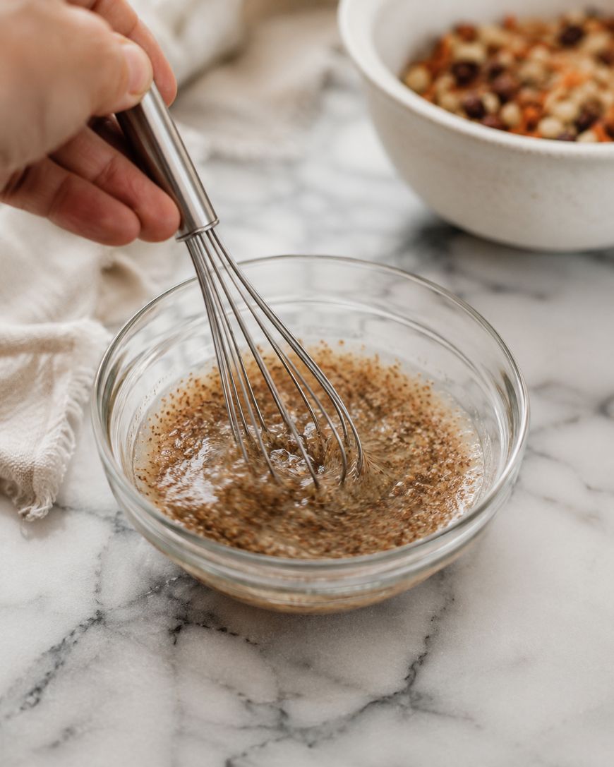 Whisking a flax egg for vegan morning glory muffins