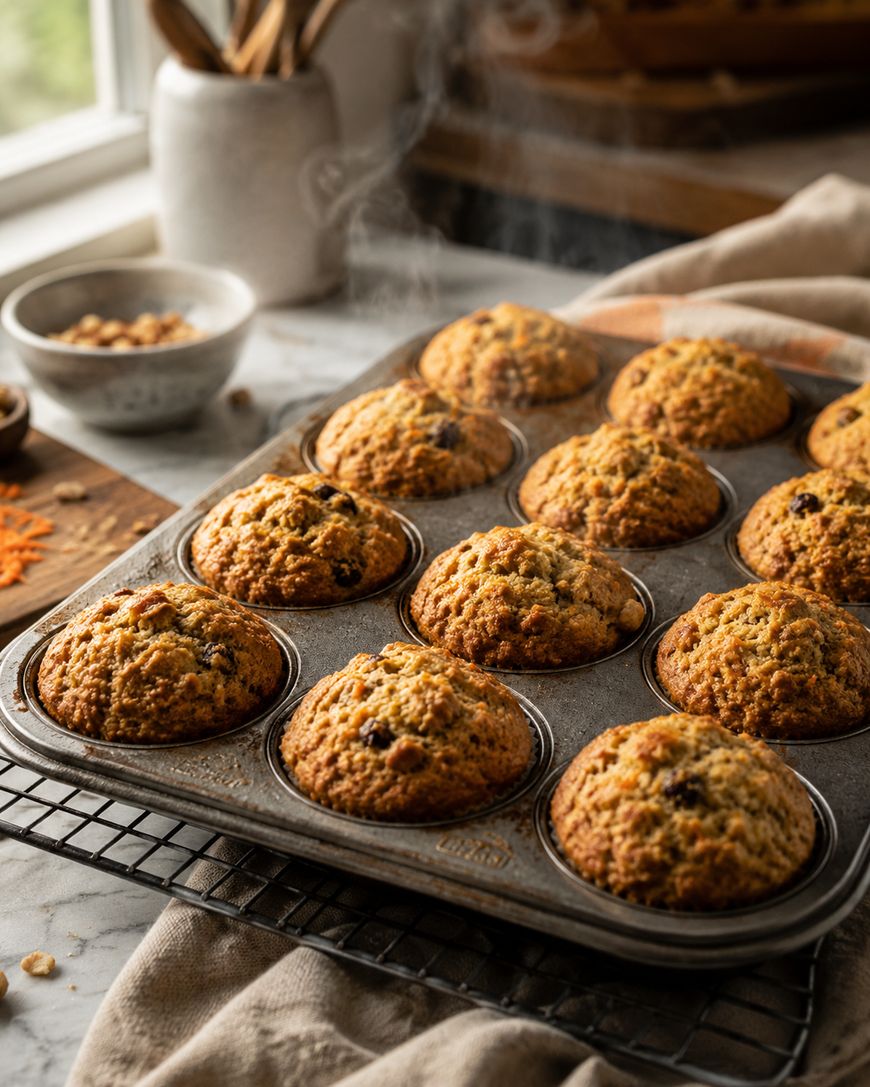 Freshly baked morning glory muffins cooling on a wire rack