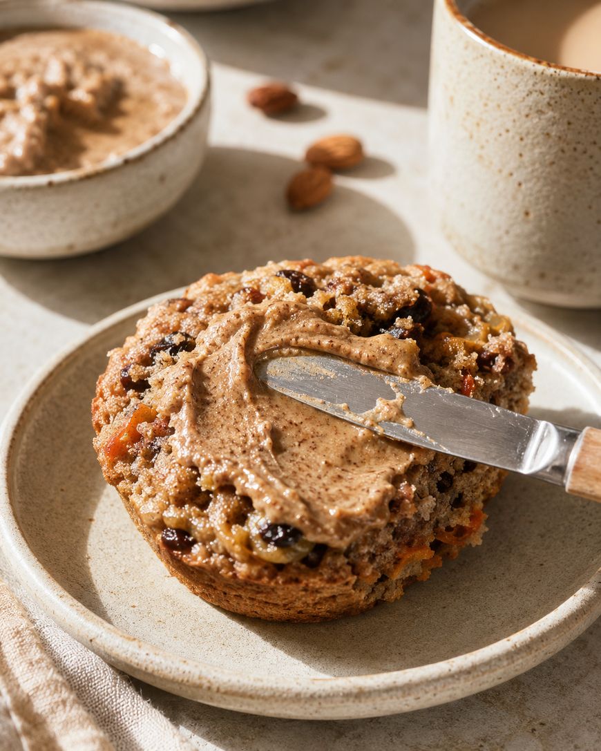 Spreading almond butter on a split vegan morning glory muffin